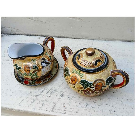 Stunning Vintage Japanese Gold Gilded Hand Painted Satsuma Moriage Tea & Sugar s - Picture 2 of 13